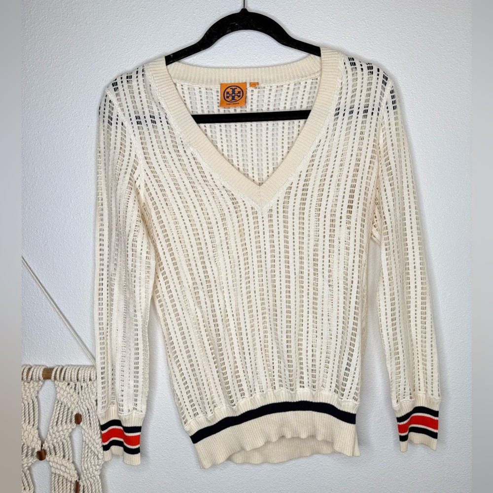 Tory Burch Sweater Nautical Open Knit Crochet Cream Navy Red Stripe Accent